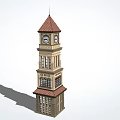 Classic Multi Story Clock Tower With Red Brown Roof And Windows 3d model