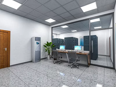 Modern Server Room Interior Featuring Server Racks Computers Desks Chairs Air Conditioner And Plant 3d model