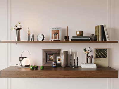 Stylish Decorative Ornament Combinations With Shelf Vase Candle Clock Photo Frame Table Lamp And Green Fruits 3d model