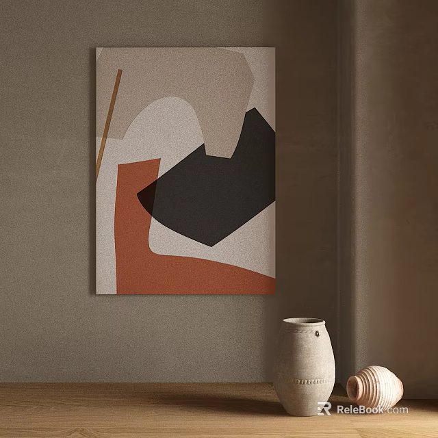 Abstract Geometric Artwork Hanging On Beige Wall With Ceramic Vase Decoration 3d model