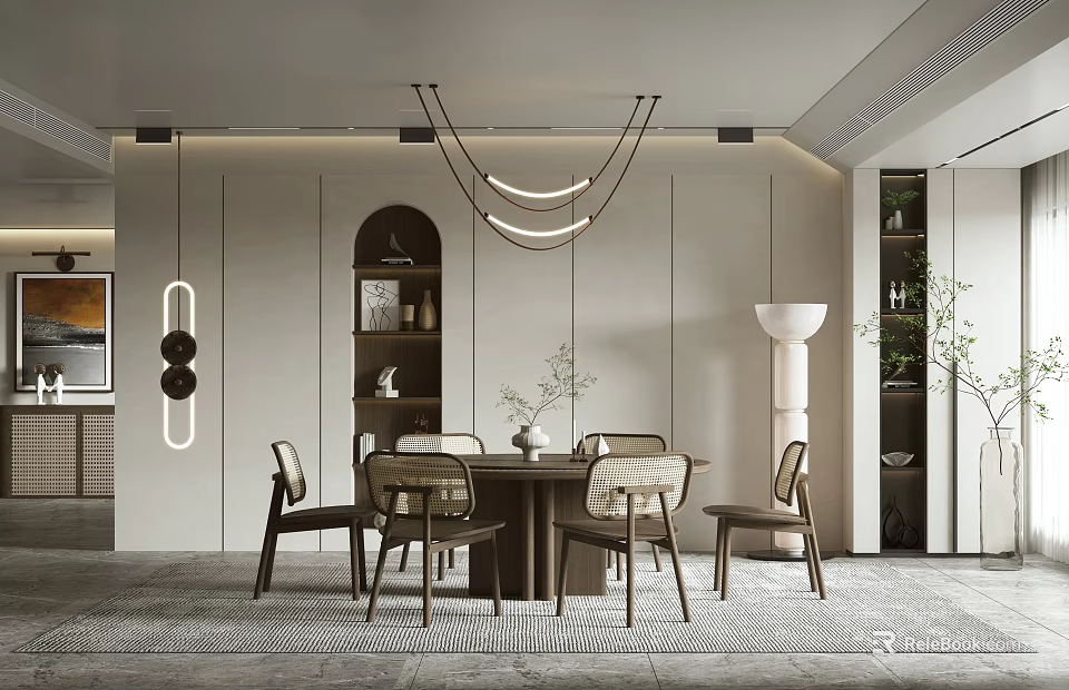 Modern Restaurant Interior Design With Dining Table Chairs And Pendant Lights 3d model