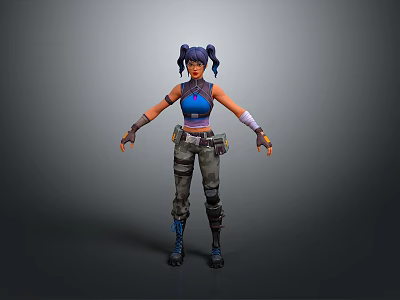 Woman With Pigtail Hairstyle Blue Sleeveless Crop Top Cargo Pants Fingerless Gloves And Combat Boots 3d model