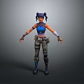 Woman With Pigtail Hairstyle Blue Sleeveless Crop Top Cargo Pants Fingerless Gloves And Combat Boots