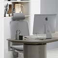 Modern Desk And Chair Set With Wooden Tabletop Cylindrical Legs Gray Office Chair And Bookshelves