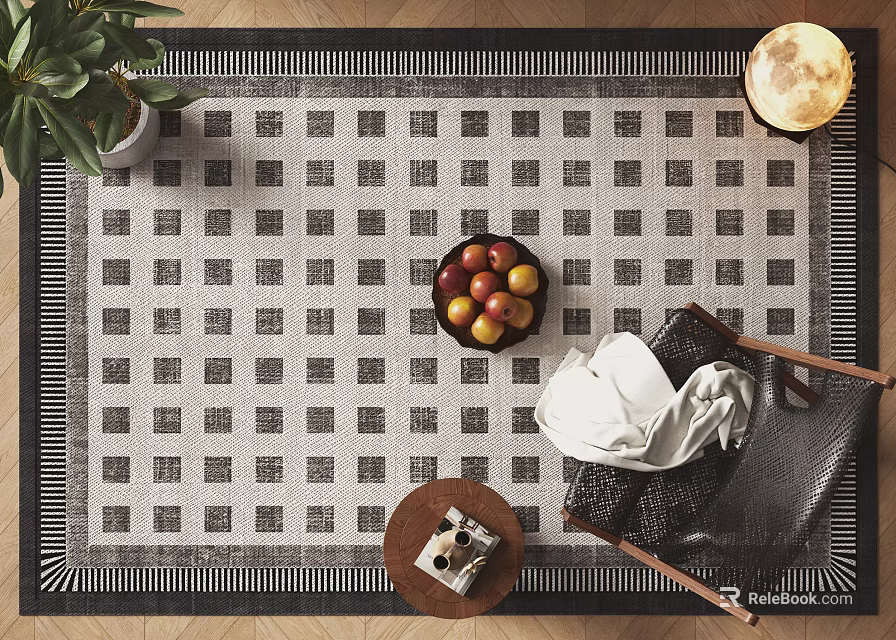 Square Rug With Modern Grid Pattern In Living Room With Chair Small Table And Plant Decor 3d model 