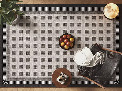 Square Rug With Modern Grid Pattern In Living Room With Chair Small Table And Plant Decor 3d model