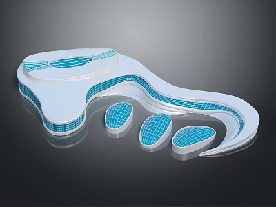 Modern Architectural Design Featuring Curved White Structure With Blue Grid And Oval Elements 3d model