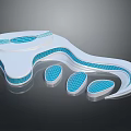 Modern Architectural Design Featuring Curved White Structure With Blue Grid And Oval Elements