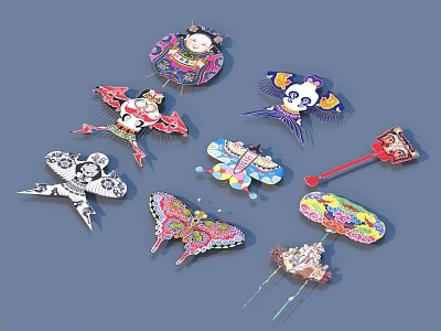 Traditional Decorative Kites With Colorful Patterns Various Shapes And Butterfly Panda Designs 3d model