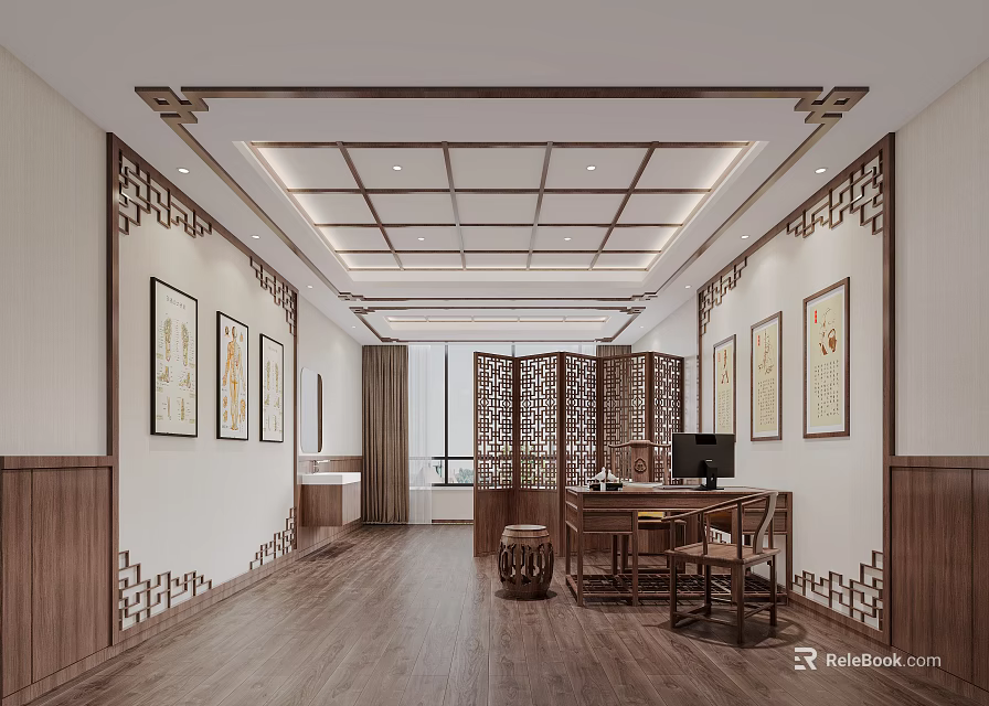 Traditional Chinese Style Study Room With Wooden Screen Calligraphy Paintings And Computer Desk 3d model 
