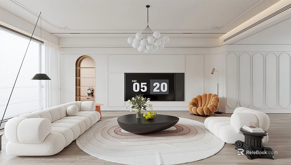 Modern Living Room Interior With White Sofa Round Rug Black Coffee Table And TV Wall 3d model 