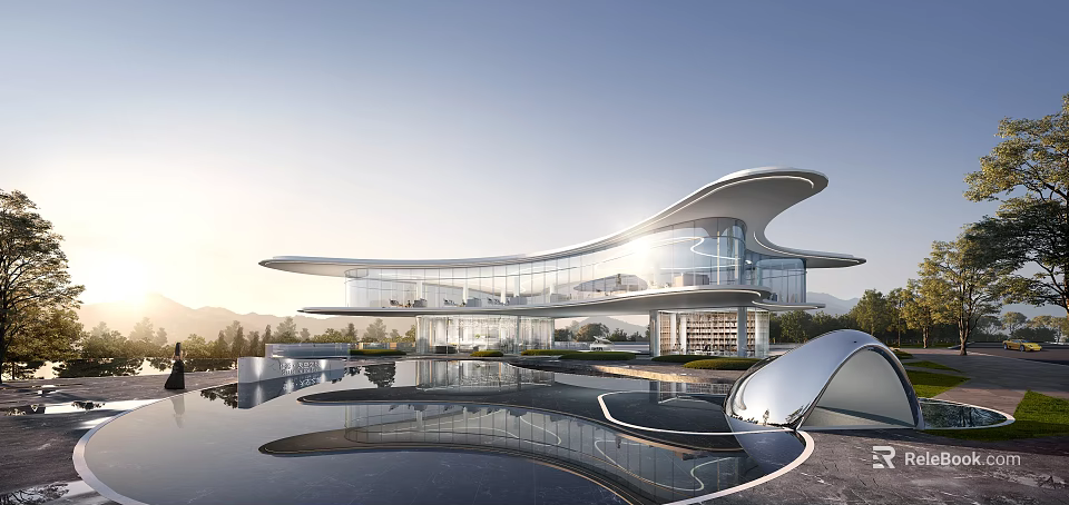 Modern Streamlined Sales Office Architecture With Full Glass Facade And Serene Reflective Outdoor Waterscape 3d model 