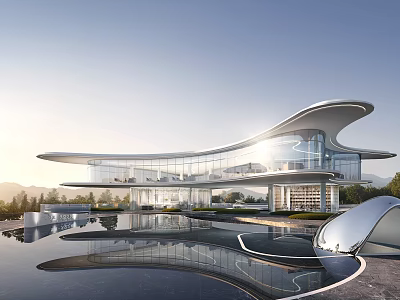 Modern Streamlined Sales Office Architecture With Full Glass Facade And Serene Reflective Outdoor Waterscape 3d model