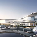 Modern Streamlined Sales Office Architecture With Full Glass Facade And Serene Reflective Outdoor Waterscape