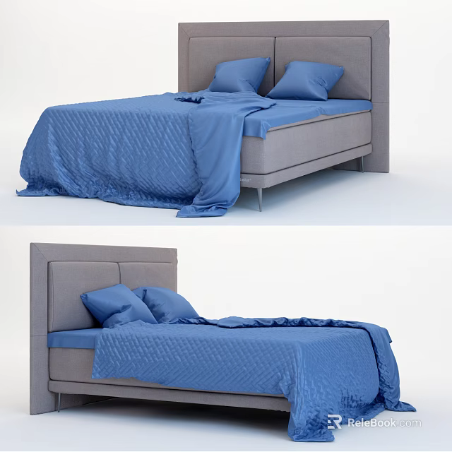 Double Bed With Blue Bedding And Grey Headboard Design Details 3d model
