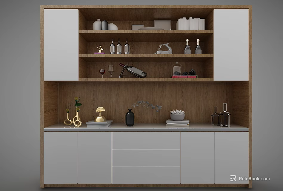 Elegant Decorative Cabinet With Wooden Shelves Decorative Bottles Vases And Tray 3d model 