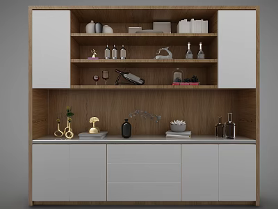 Elegant Decorative Cabinet With Wooden Shelves Decorative Bottles Vases And Tray 3d model