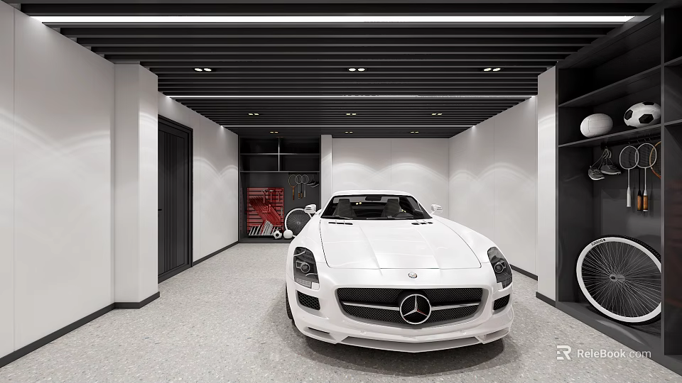 Modern Parking Garage With White Mercedes Sports Car Sleek Interior And Black Ceiling Design 3d model 