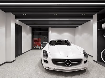 Modern Parking Garage With White Mercedes Sports Car Sleek Interior And Black Ceiling Design 3d model