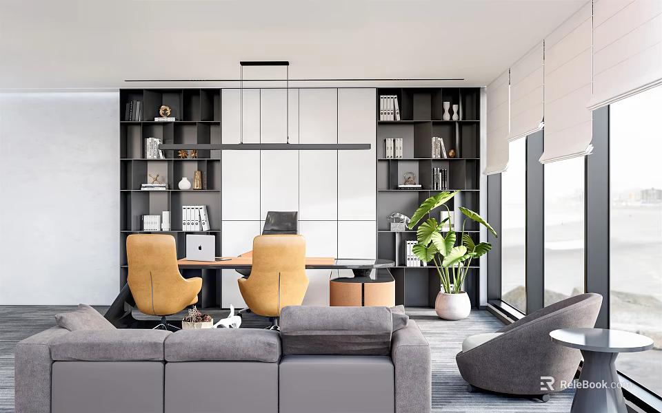 Modern Office Interior Design With Sofa Desk Chairs Bookshelves And Green Plants 3d model 
