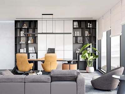 Modern Office Interior Design With Sofa Desk Chairs Bookshelves And Green Plants 3d model