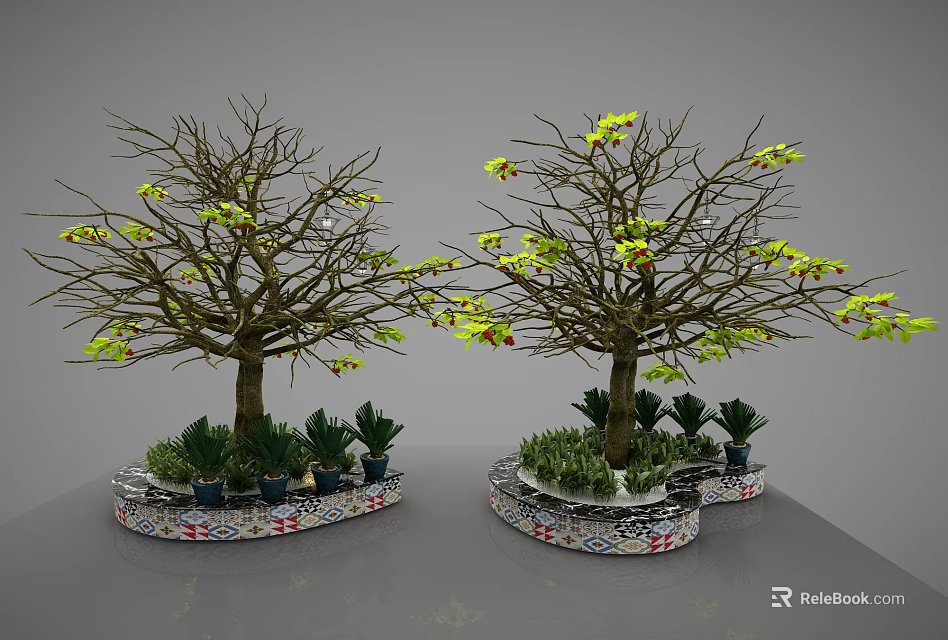Trees with Thick Trunks Branches Green Leaves Yellow Flowers and Round Colorful Mosaic Base 3d model 