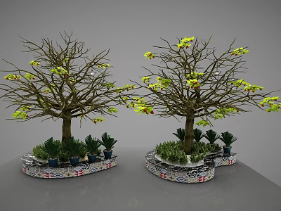 Trees with Thick Trunks Branches Green Leaves Yellow Flowers and Round Colorful Mosaic Base 3d model