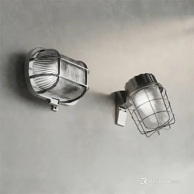Industrial Metal Wall Lamps With Wire Cage And Transparent Shade On Gray Wall 3d model 