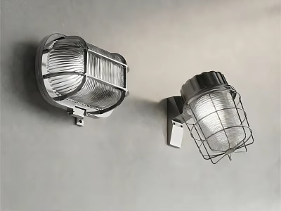 Industrial Metal Wall Lamps With Wire Cage And Transparent Shade On Gray Wall 3d model