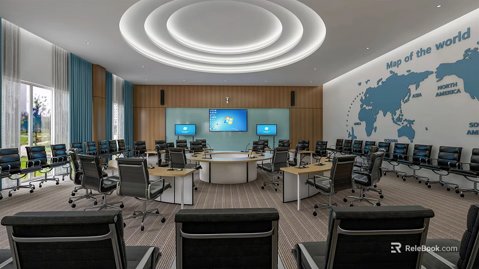 Modern Conference Room With Circular Meeting Table Multiple Screens And World Map Wall 3d model 