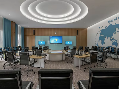 Modern Conference Room With Circular Meeting Table Multiple Screens And World Map Wall 3d model