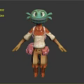 3D Blue Creature Character Wearing Red Backpack White Red Shirt And Brown Pants