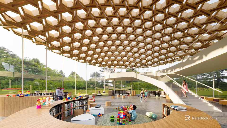 Hexagonal Dome Roof Kindergarten With Bookshelves Toys And Children Playing 3d model 