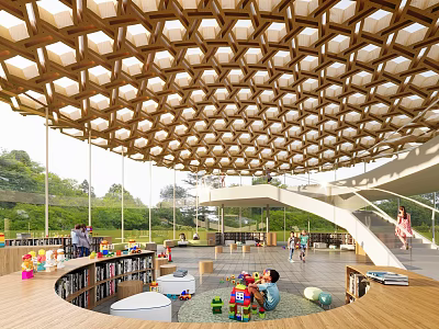 Hexagonal Dome Roof Kindergarten With Bookshelves Toys And Children Playing 3d model