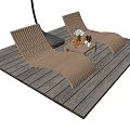 Outdoor Woven Lounge Chairs On Wooden Deck With Side Table Fruits And Flowers