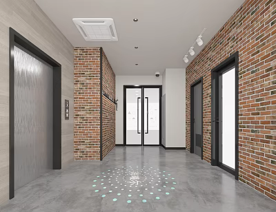 Modern Hallway with Brick Walls Glass Doors Elevator Ceiling Lights AC and Floor Light Pattern 3d model