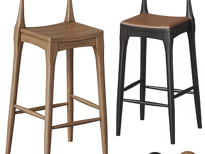 Wooden And Black Frame Bar Stools With Brown Leather Seats 3d model