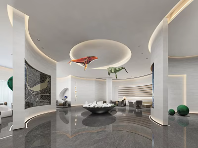 Modern Sales Office Interior Design With Elegant Lighting Art Sculptures And Sofa Furniture 3d model