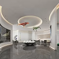 Modern Sales Office Interior Design With Elegant Lighting Art Sculptures And Sofa Furniture
