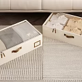 Beige Fabric Storage Baskets With Wooden Handles For Folded Clothes On Carpet