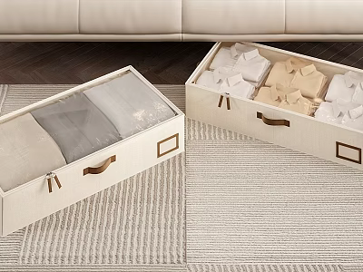 Beige Fabric Storage Baskets With Wooden Handles For Folded Clothes On Carpet 3d model