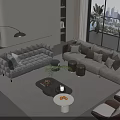 Modern Sofa Coffee Table Set With Plush Cushions Floor To Ceiling Windows And City View