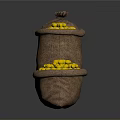 Three Burlap Sacks Two Open One Closed Filled With Yellow Food Grains On Dark Surface