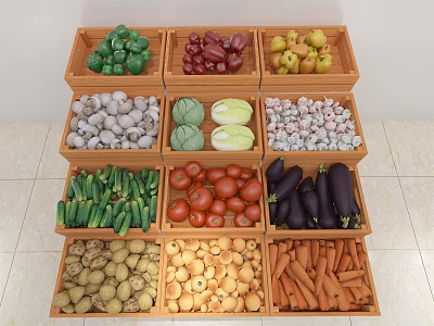 Assorted Fresh Vegetables Displayed in Wooden Crates Including Bell Peppers Potatoes and Carrots 3d model