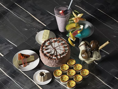 Assorted Dessert Platter With Chocolate Cake Ice Cream Lemon Cupcakes And Fresh Fruits 3d model
