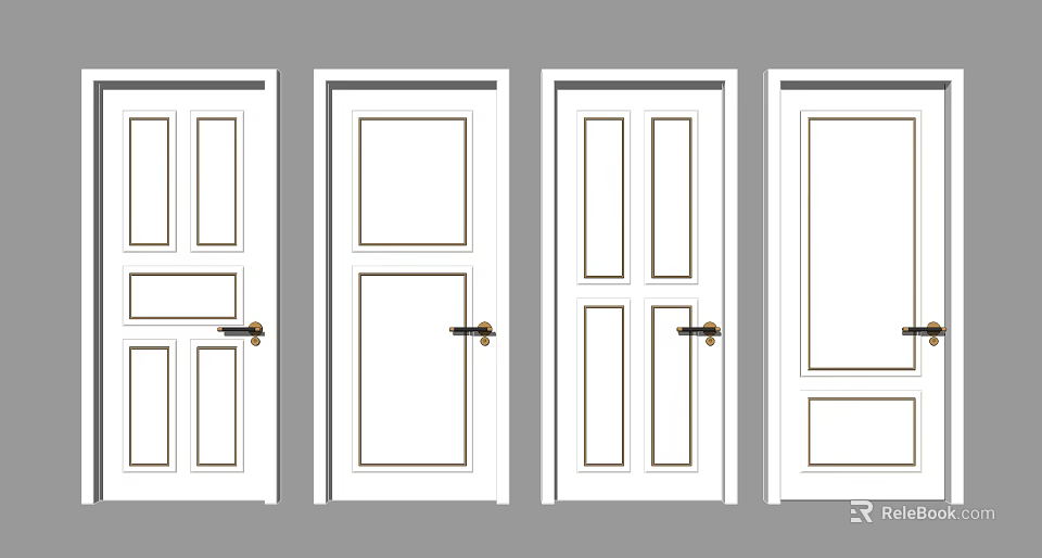 White Hinged Doors With Various Panel Designs And Classic Door Handles 3d model
