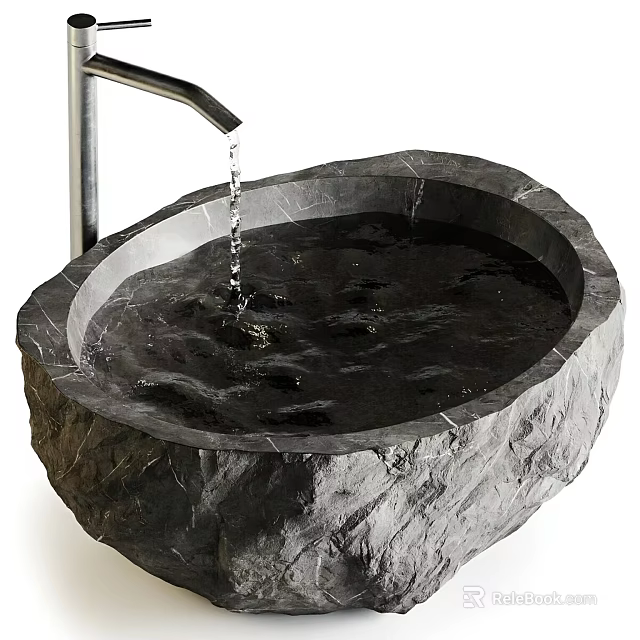 Unique Natural Stone Bathroom Basin With Water Flowing From Faucet 3d model 