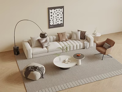 Modern Beige Sofa And Coffee Table Set With Accent Pillows Floor Lamp And Area Rug 3d model