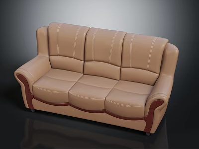 Beige Leather Three Seat Sofa With Stitched Details And Dark Brown Armrest Accents 3d model