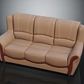 Beige Leather Three Seat Sofa With Stitched Details And Dark Brown Armrest Accents